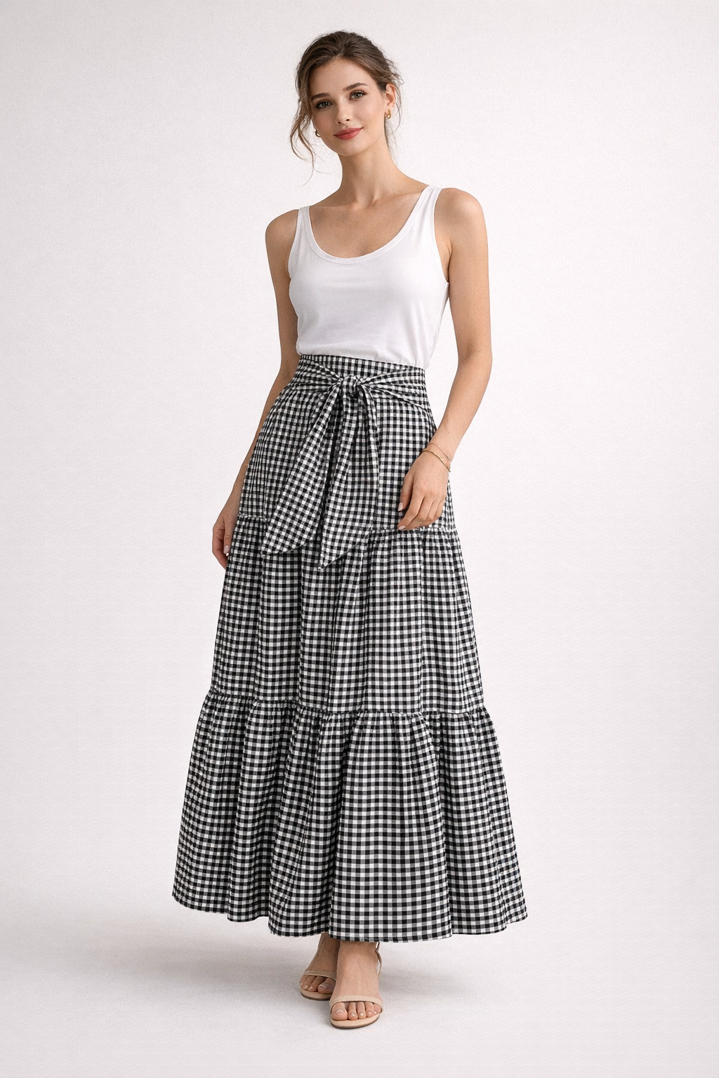 Maxi skirt for women - plaid tiered high waist - beach vacation