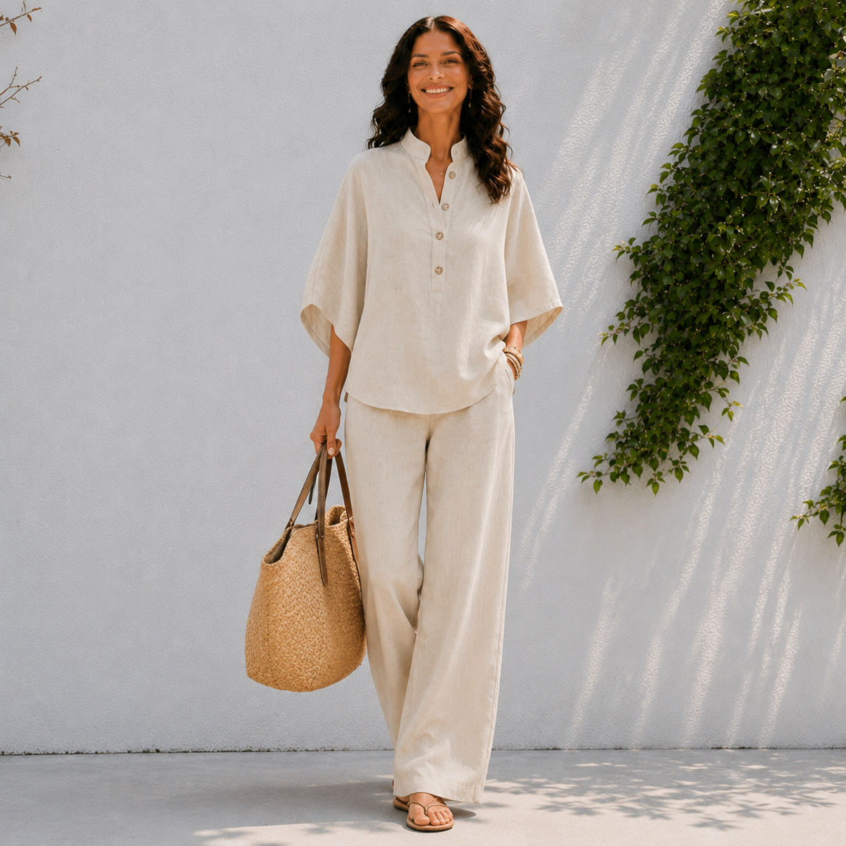 Women's two-piece set - button front top and wide leg pants holiday