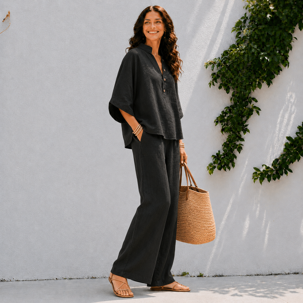 Women's two-piece set - button front top and wide leg pants holiday