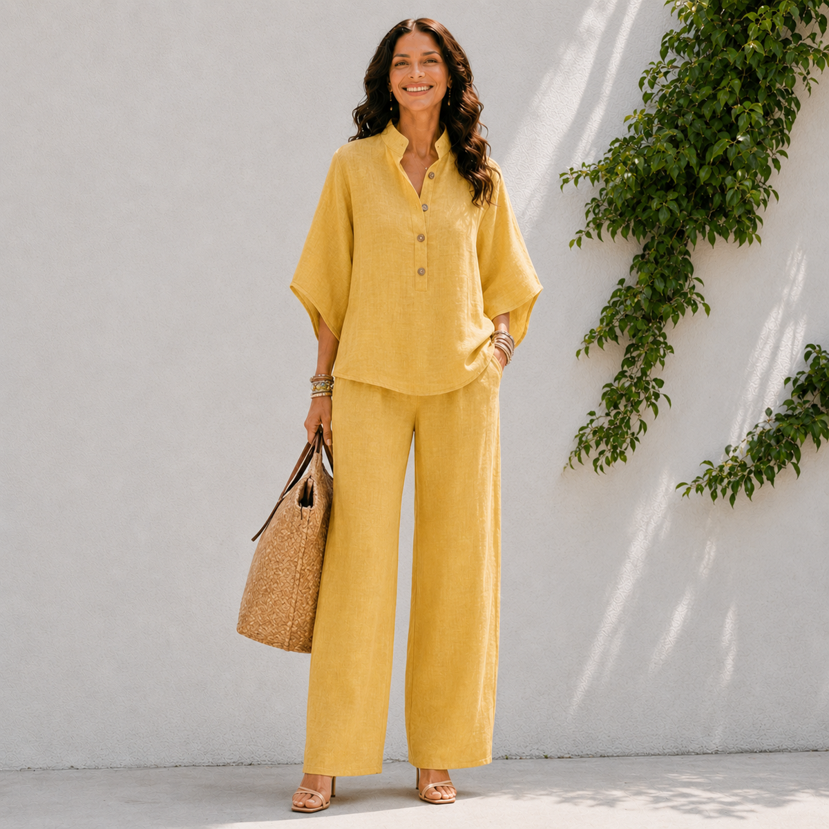 Women's two-piece set - button front top and wide leg pants holiday