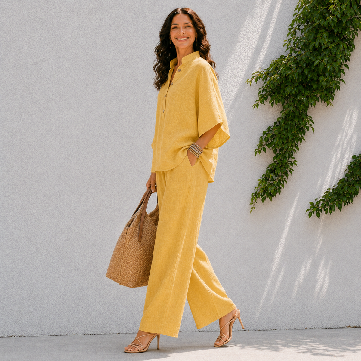 Women's two-piece set - button front top and wide leg pants holiday