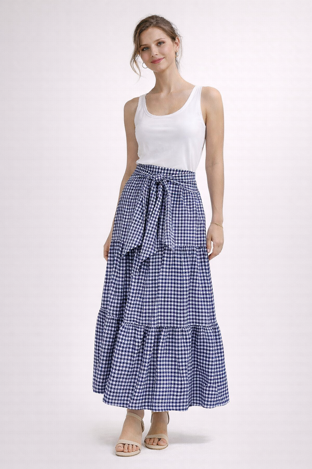 Maxi skirt for women - plaid tiered high waist - beach vacation