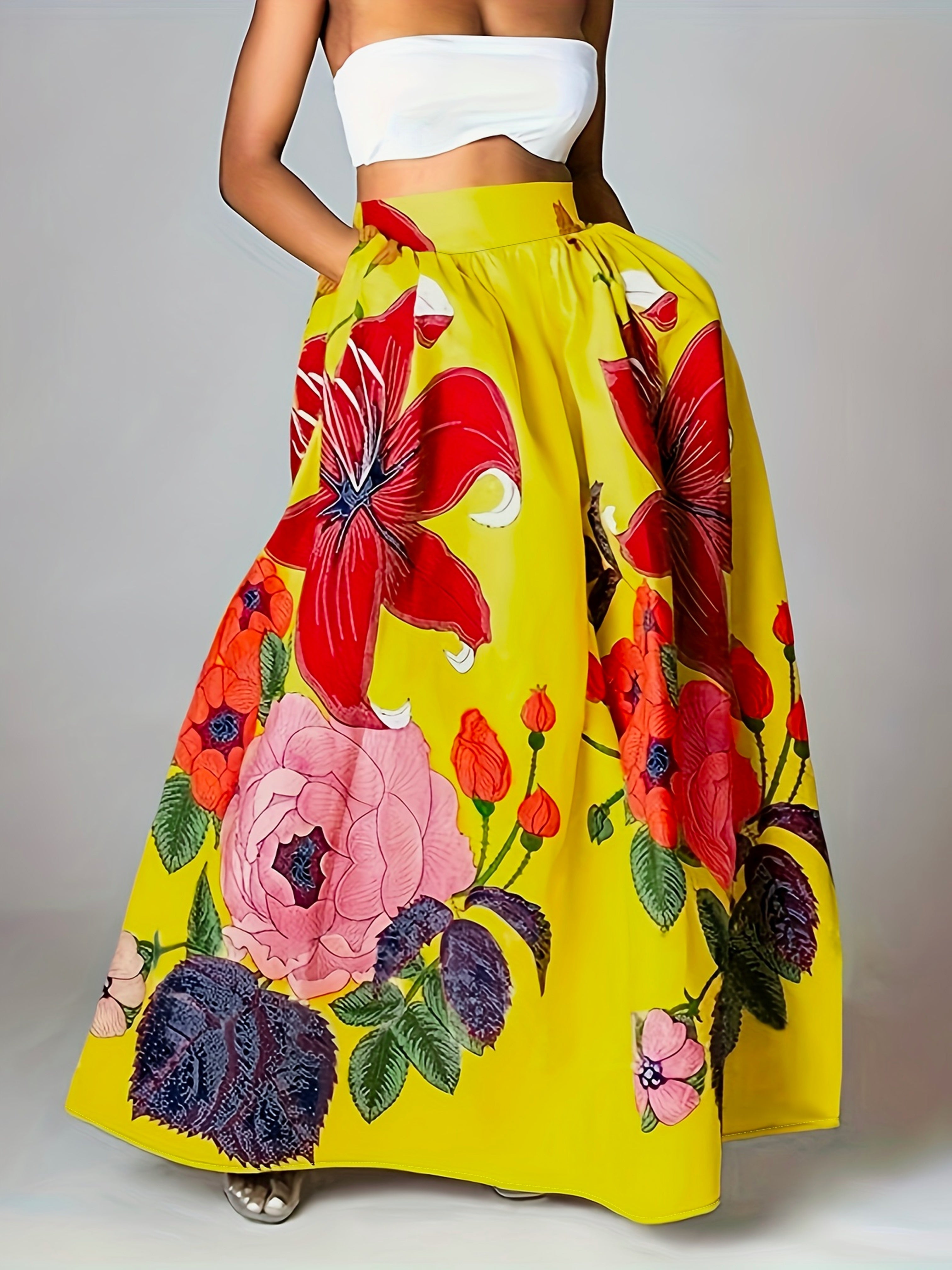 Women's maxi skirt cotton blend floral high waist