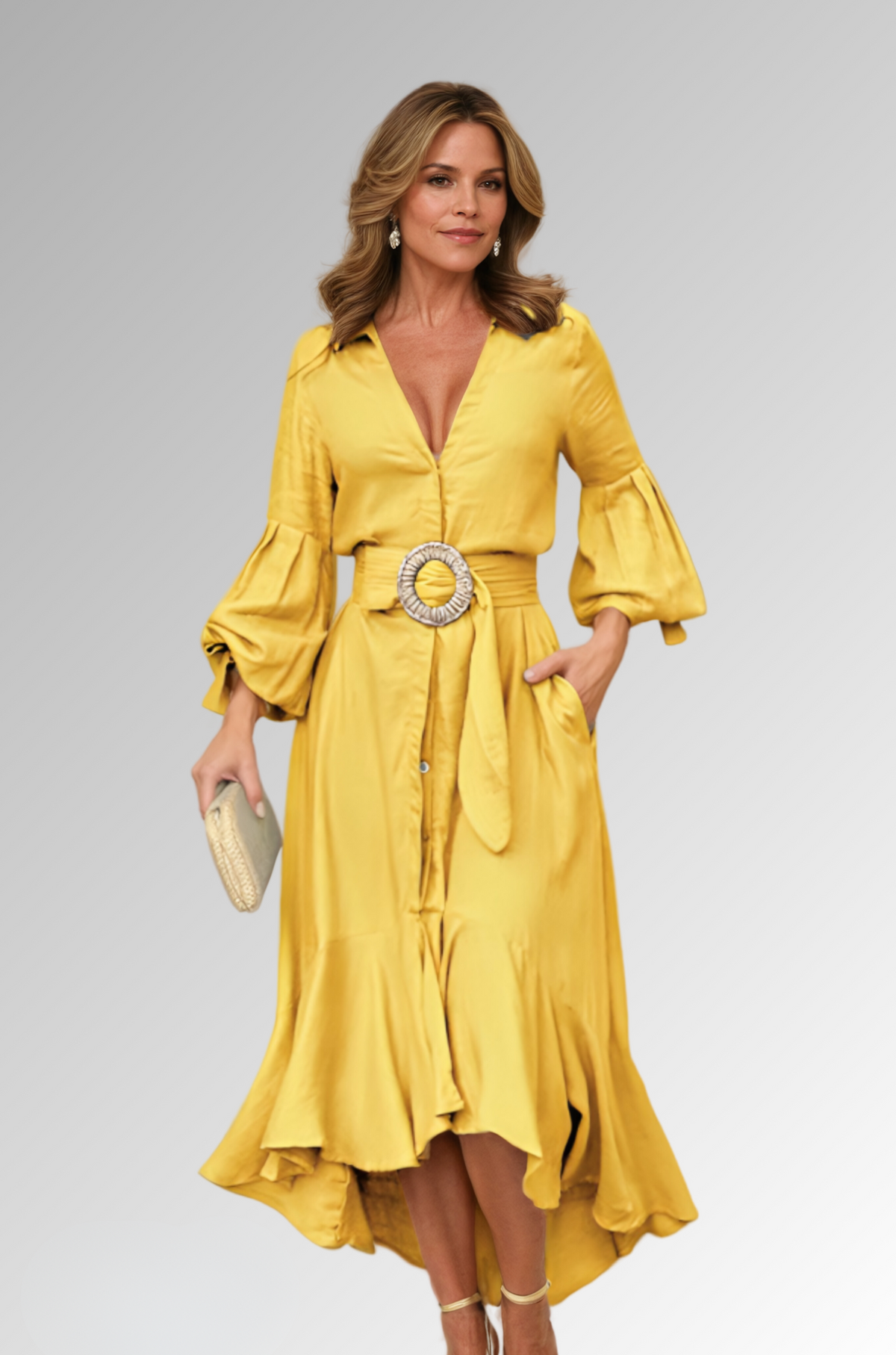 Women's midi dress cotton blend flared fit belted