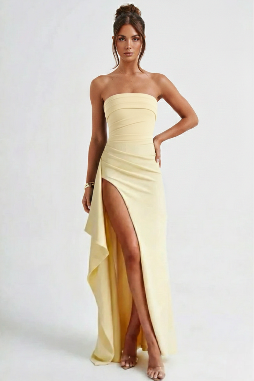 Women maxi dress - strapless ruched with thigh-high split | gala & formal