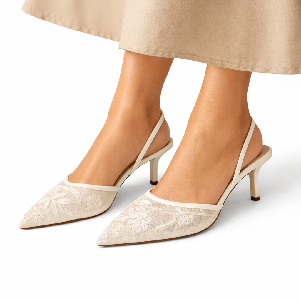 Embroidered Mesh Mule Heels