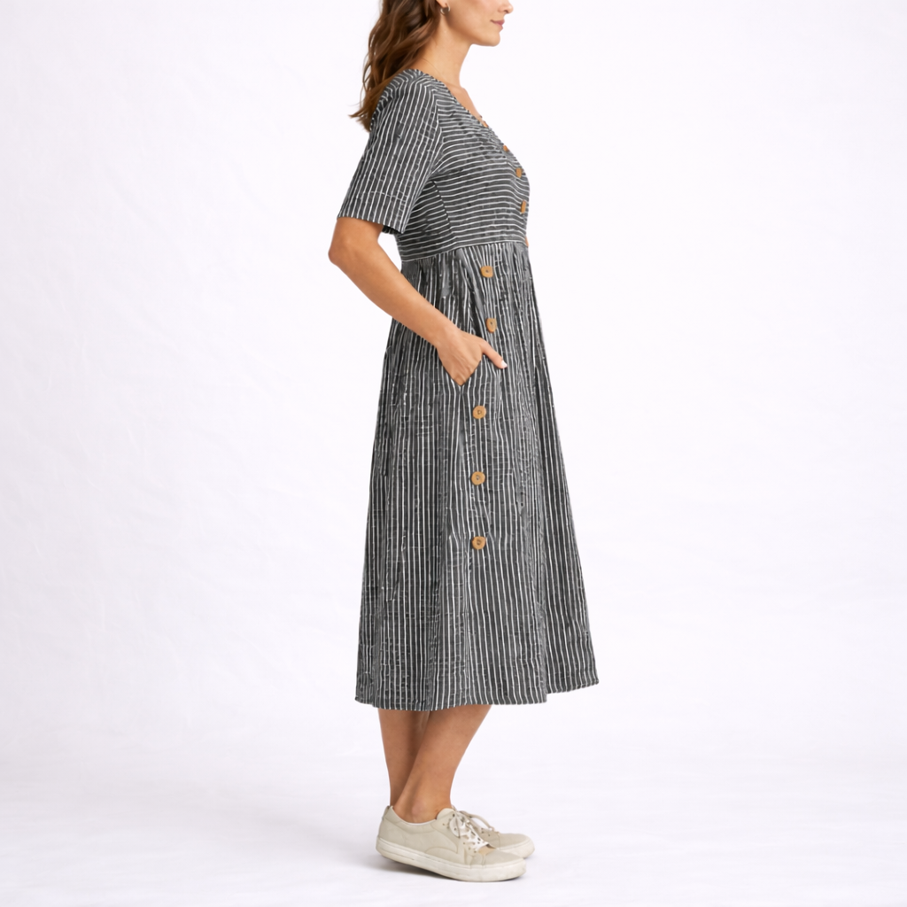 Striped Midi Dress With Buttons