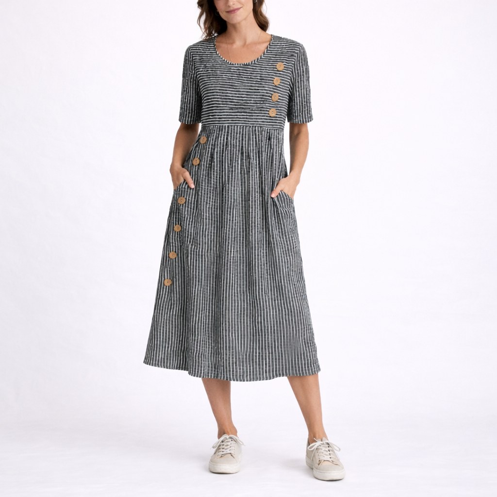 Striped Midi Dress With Buttons