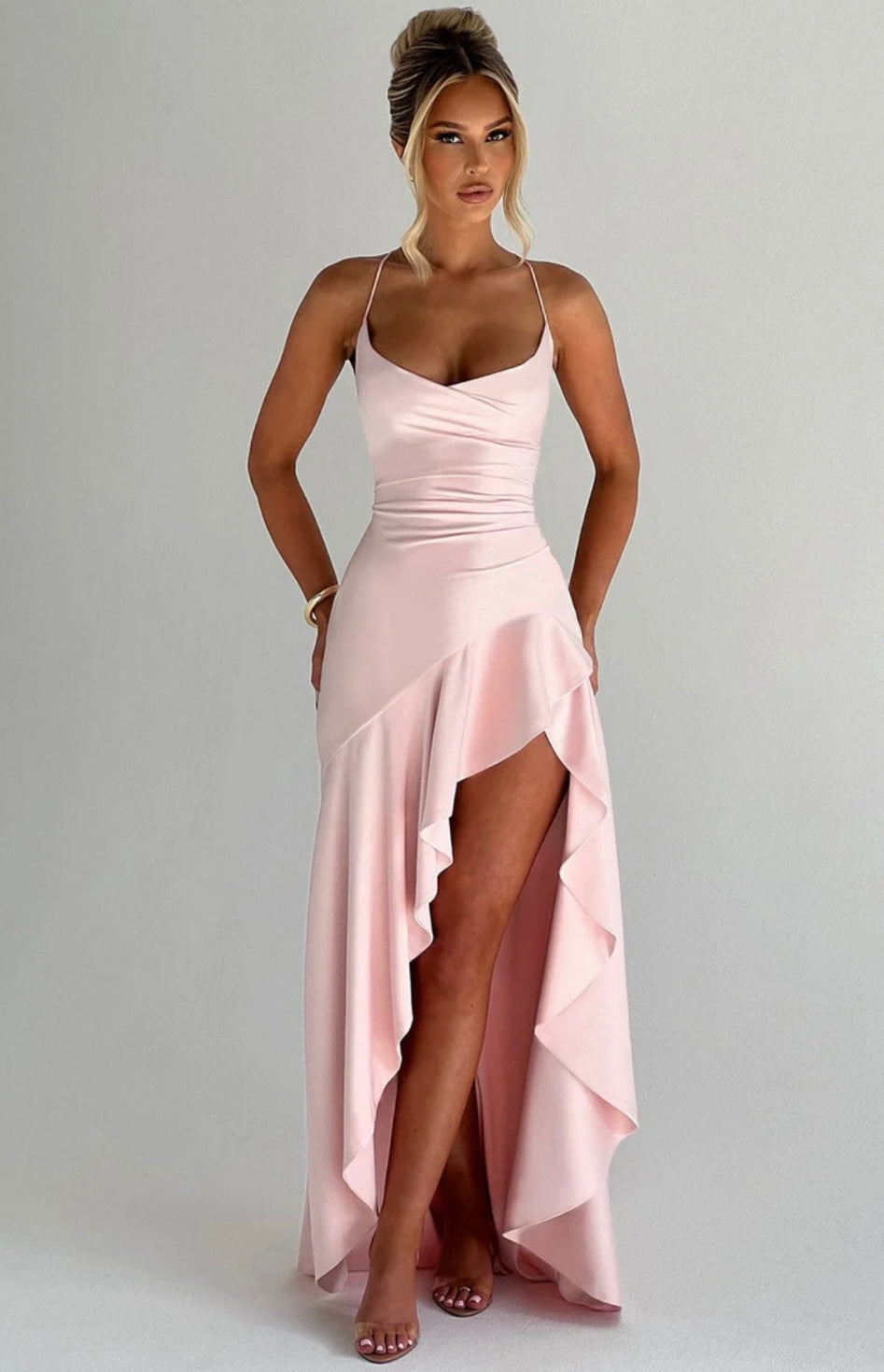 Women’s maxi dress - satin high-low hem with ruffle detail | evening event