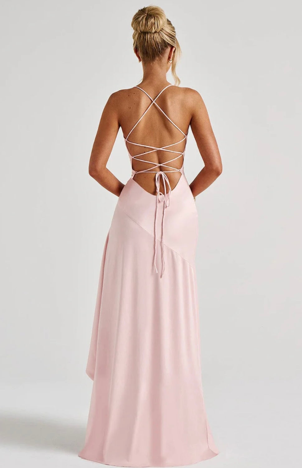 Women’s maxi dress - satin high-low hem with ruffle detail | evening event