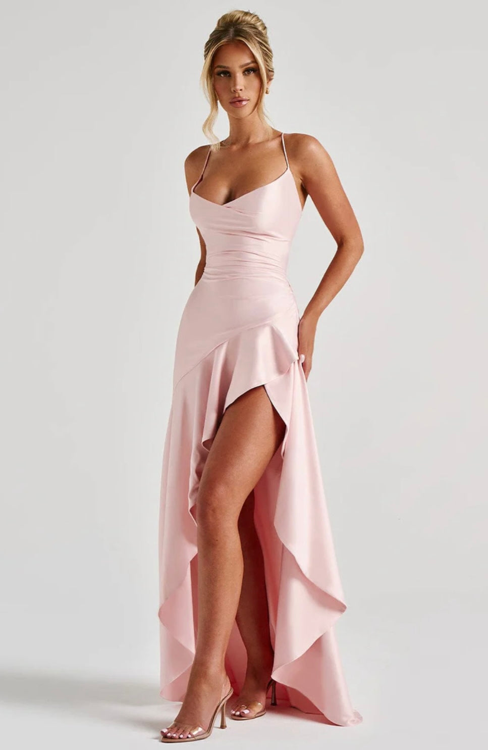Women’s maxi dress - satin high-low hem with ruffle detail | evening event