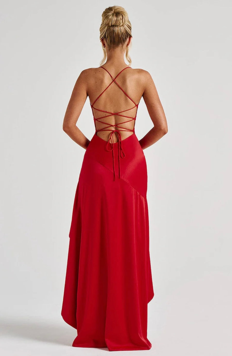 Women’s maxi dress - satin high-low hem with ruffle detail | evening event