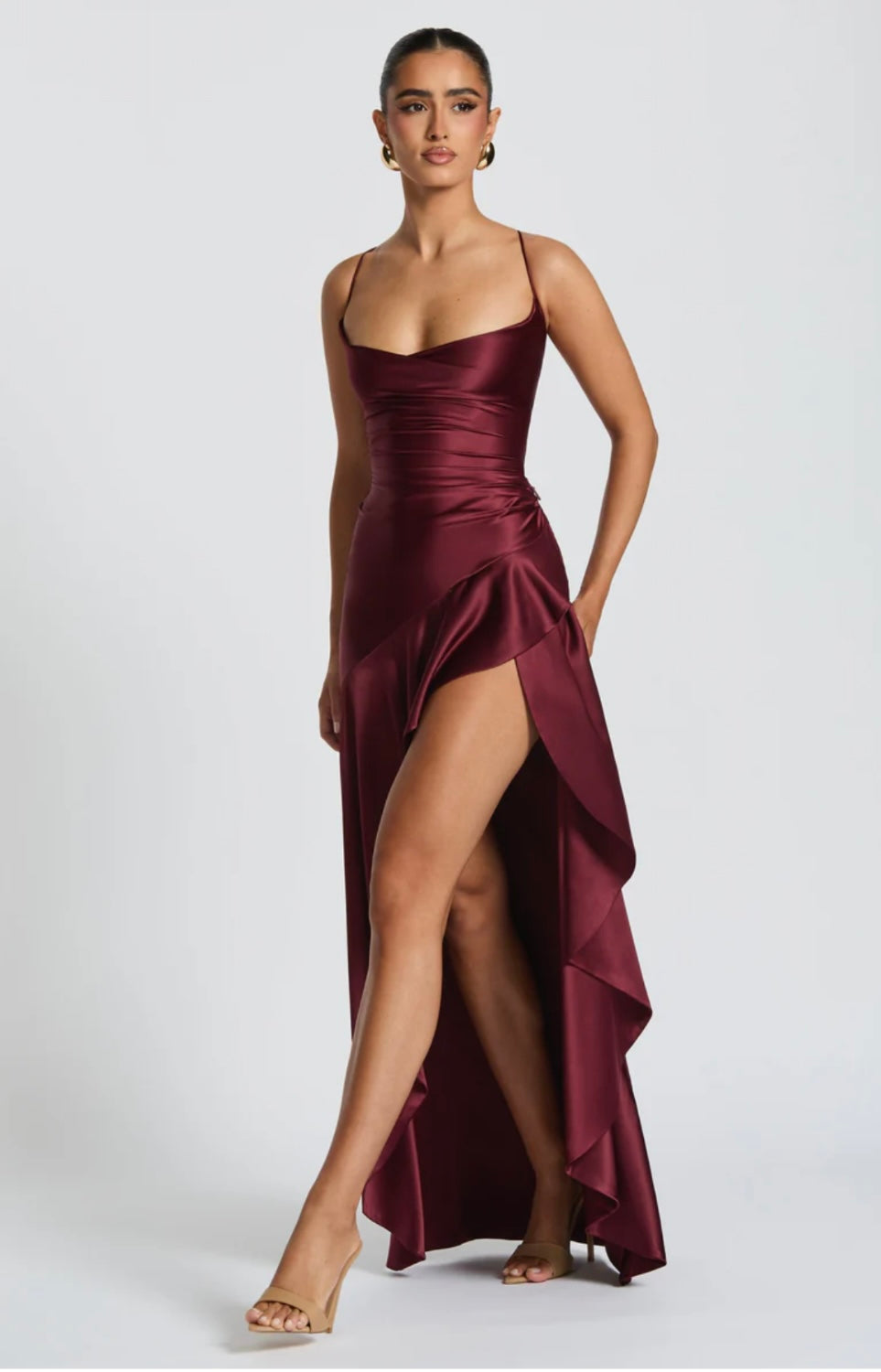Women’s maxi dress - satin high-low hem with ruffle detail | evening event