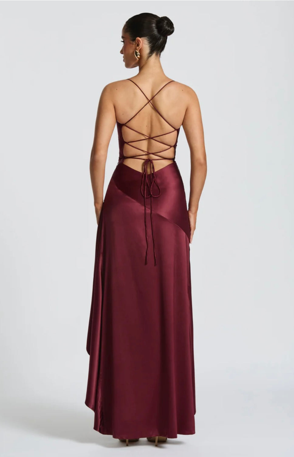 Women’s maxi dress - satin high-low hem with ruffle detail | evening event