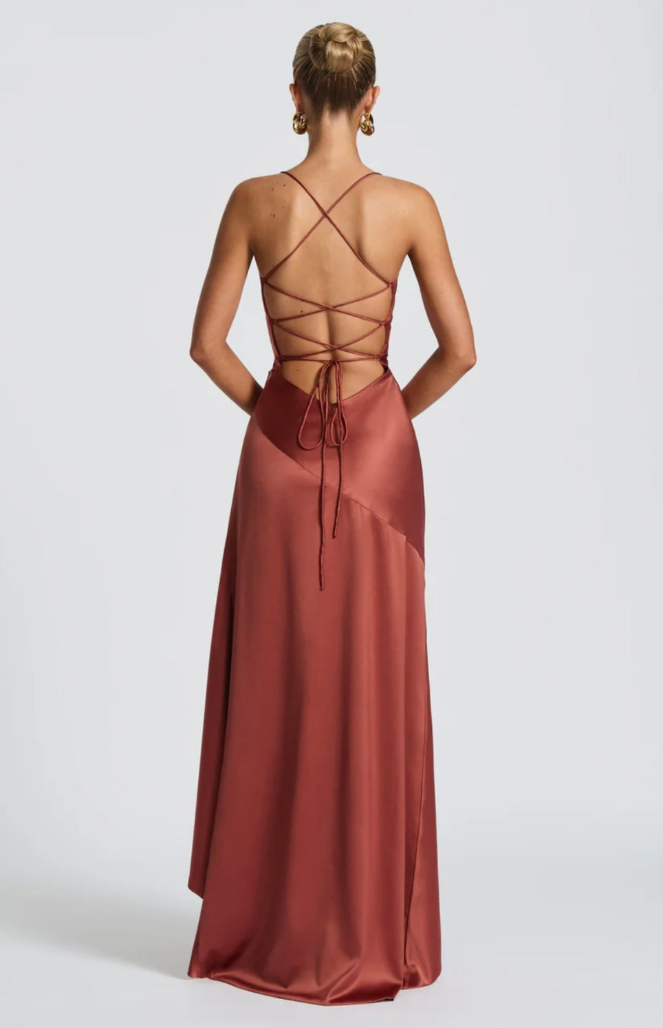 Women’s maxi dress - satin high-low hem with ruffle detail | evening event