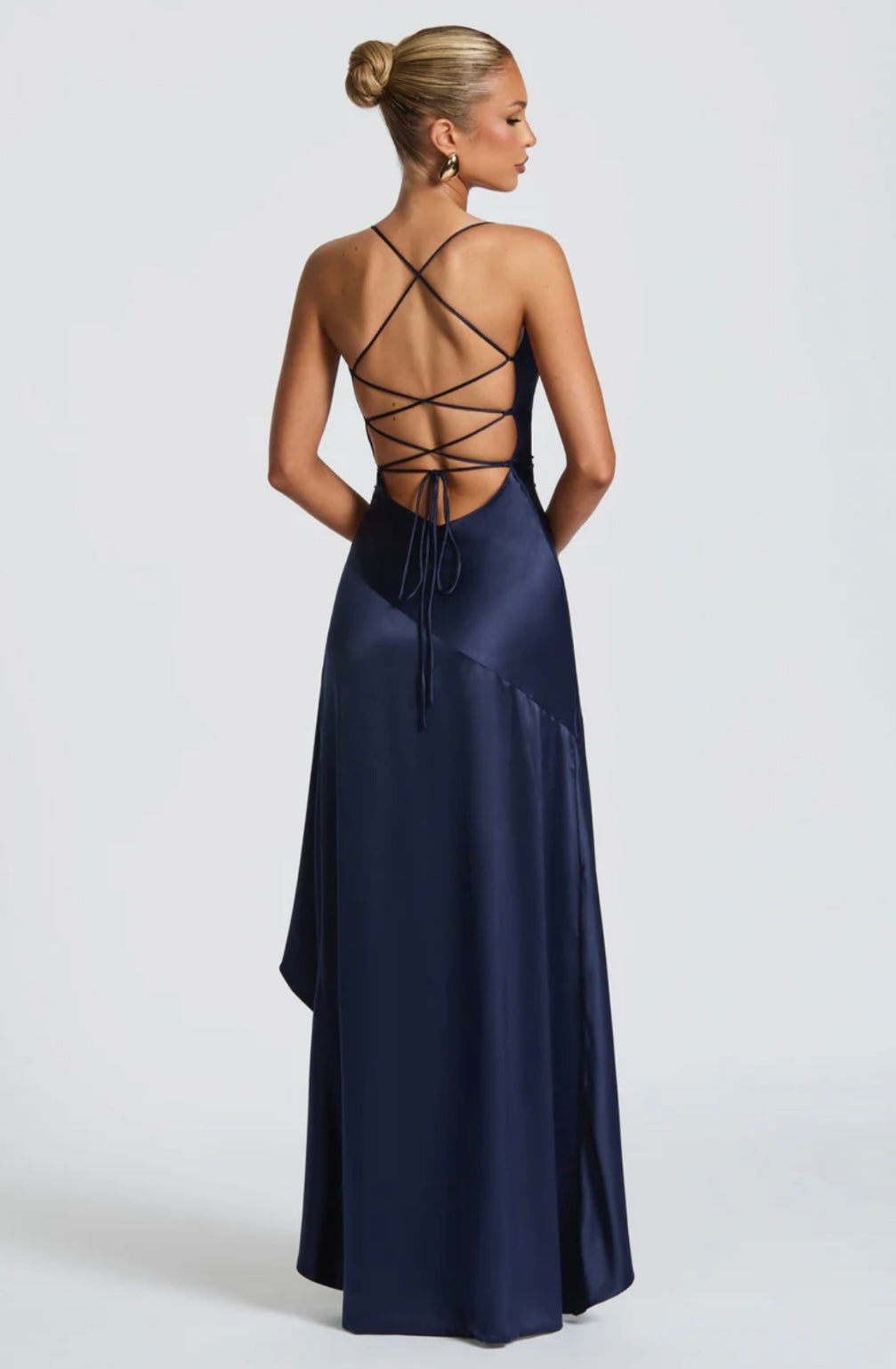 Women’s maxi dress - satin high-low hem with ruffle detail | evening event