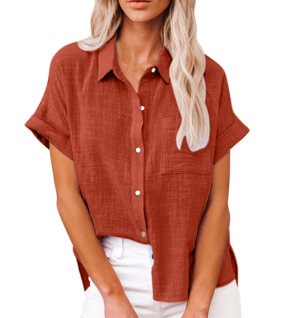 Women's linen blouse short sleeve relaxed fit shirt