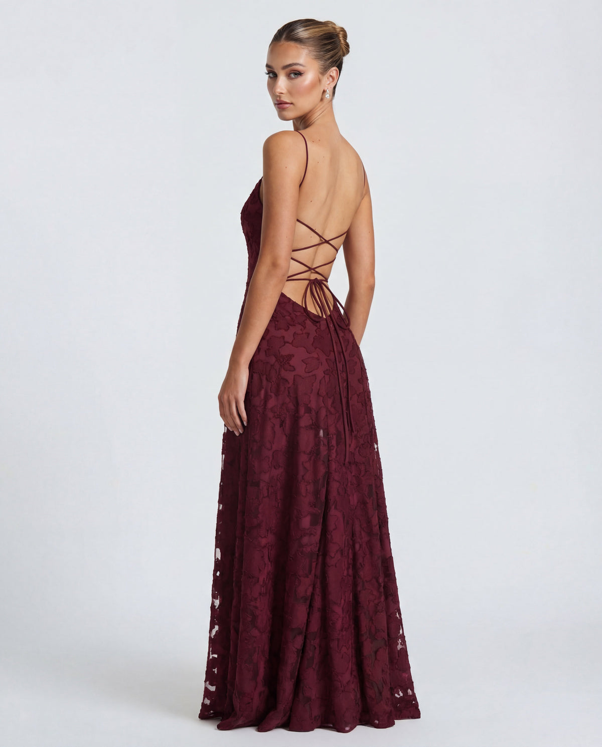 Women's maxi dress - lace-up back with floral burnout jersey | summer evening