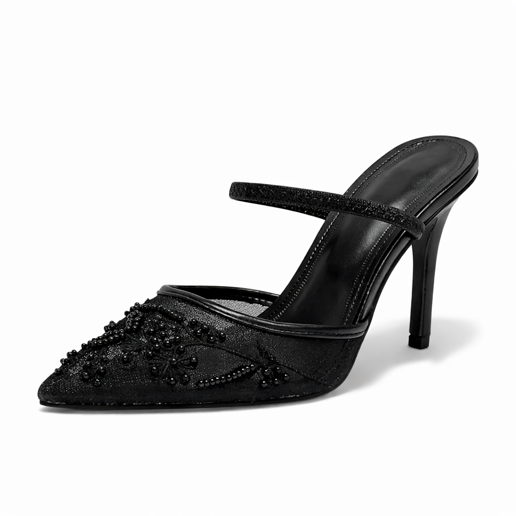 Embroidered Mesh Mule Heels