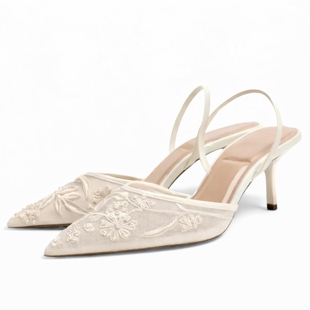 Embroidered Mesh Mule Heels