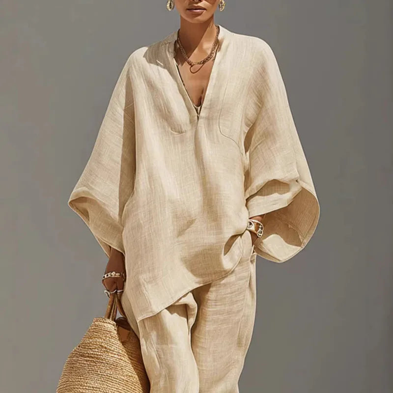 Women's casual suit - linen top with batwing sleeves - relaxed daily outfit