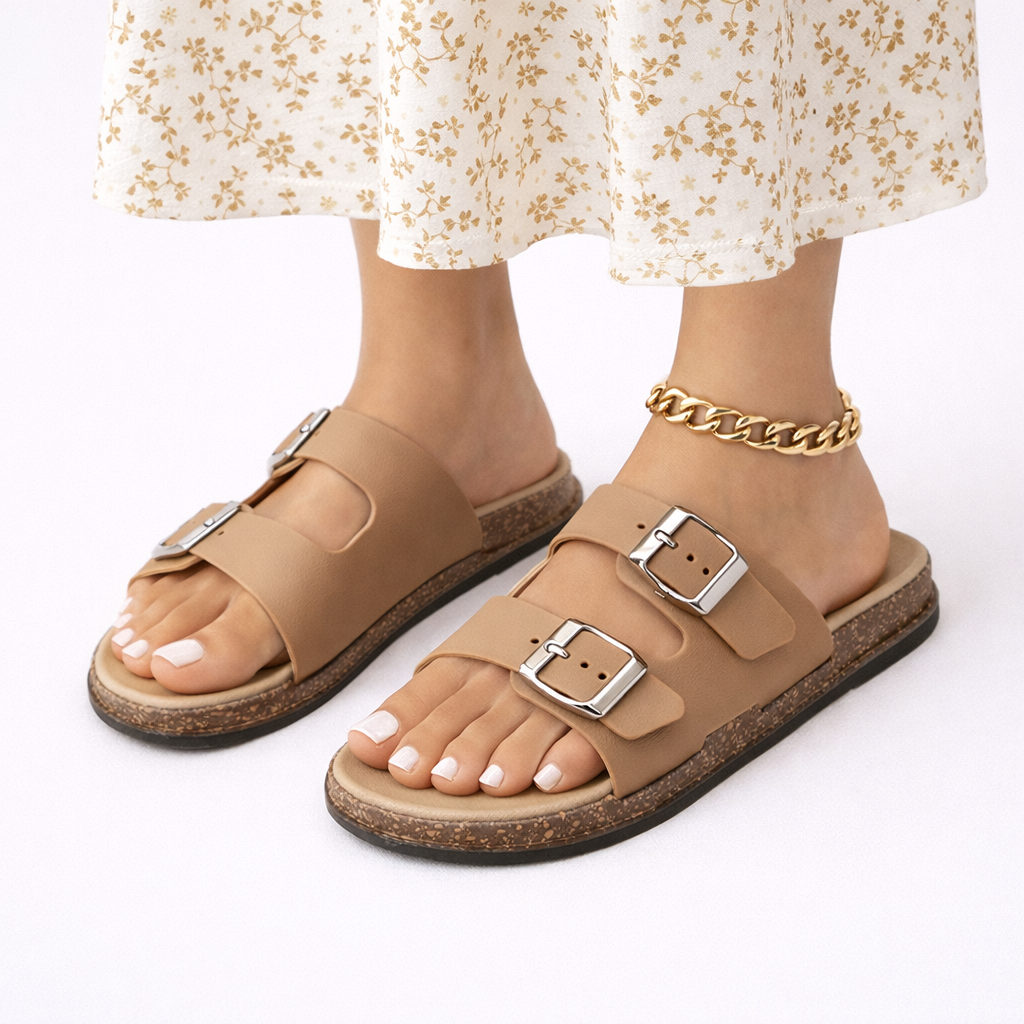 Double Buckle Flat Sandals