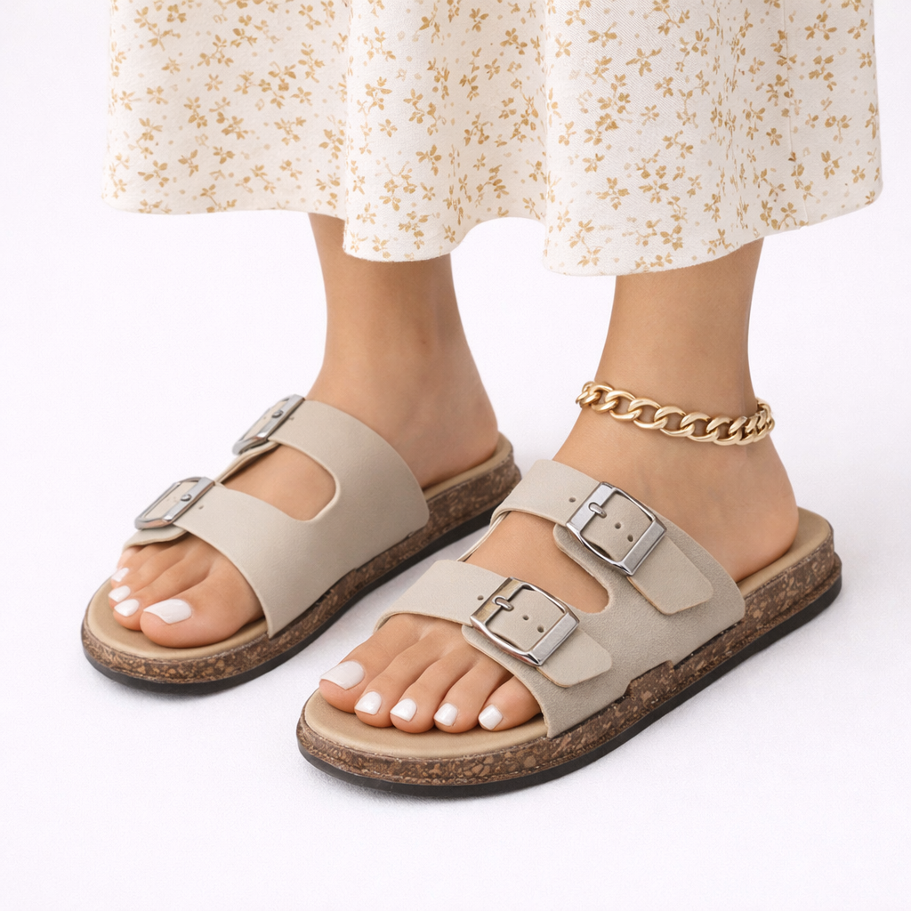 Double Buckle Flat Sandals