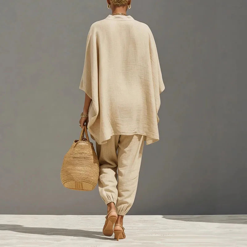 Women's casual suit - linen top with batwing sleeves - relaxed daily outfit