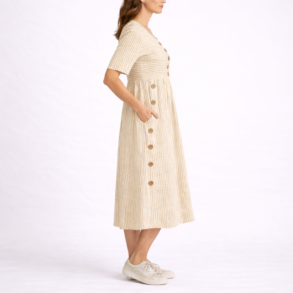 Striped Midi Dress With Buttons