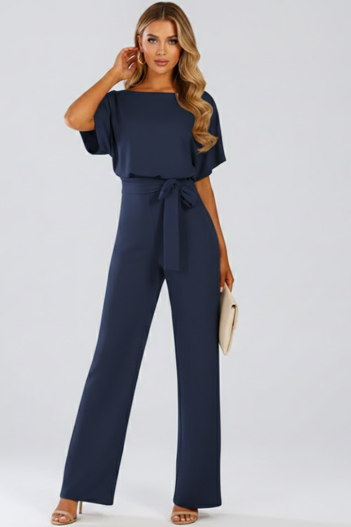 Women's jumpsuit - short sleeve wide leg full-length romper with belt