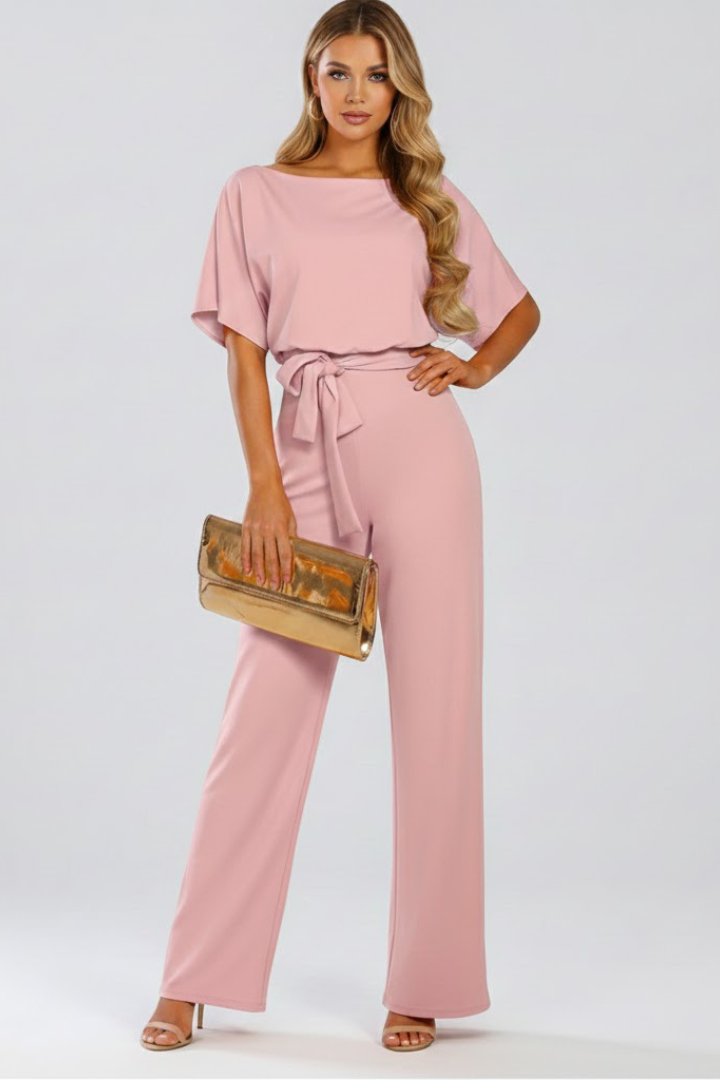 Women's jumpsuit - short sleeve wide leg full-length romper with belt