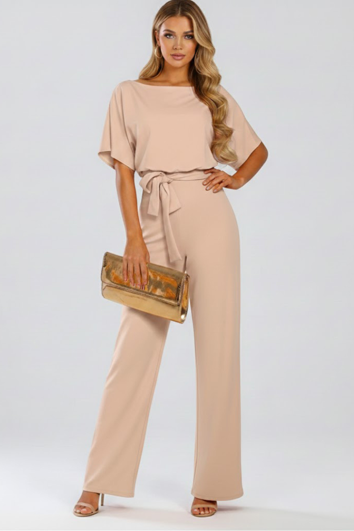 Women's jumpsuit - short sleeve wide leg full-length romper with belt