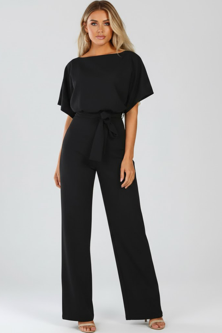 Women's jumpsuit - short sleeve wide leg full-length romper with belt