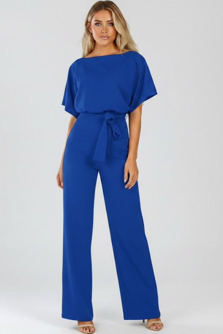 Women's jumpsuit - short sleeve wide leg full-length romper with belt