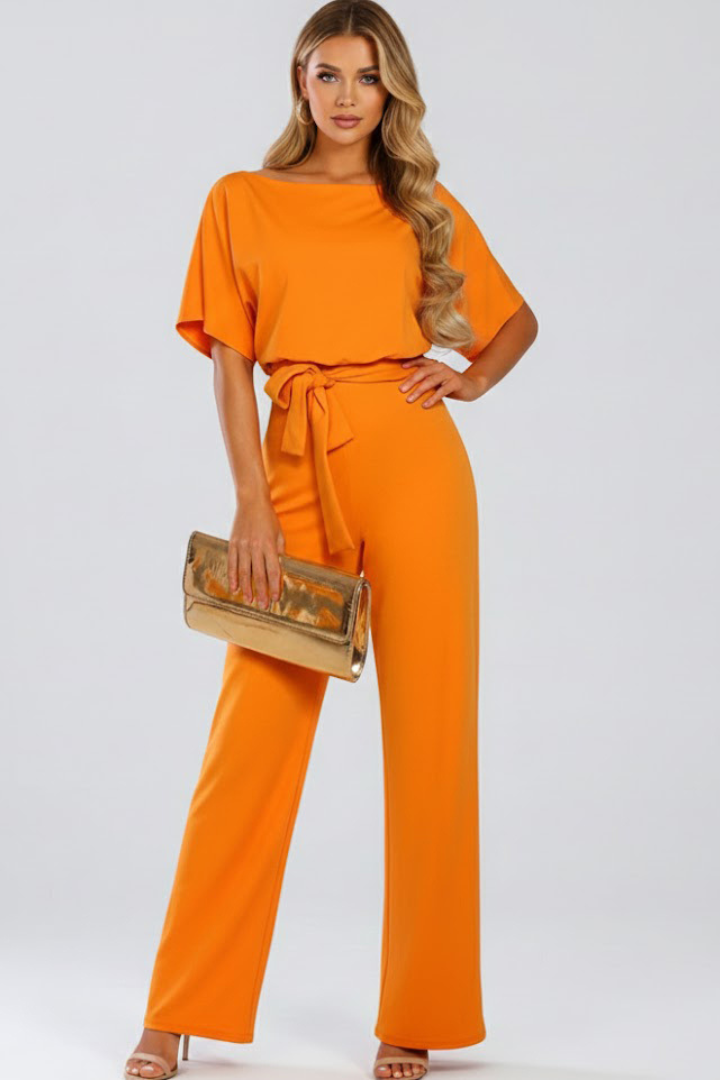 Women's jumpsuit - short sleeve wide leg full-length romper with belt