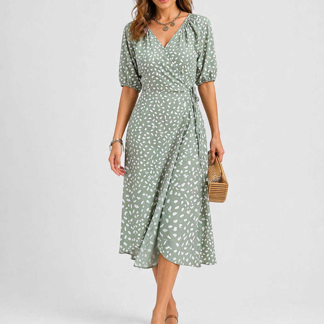 Abstract Print Wrap Midi Dress