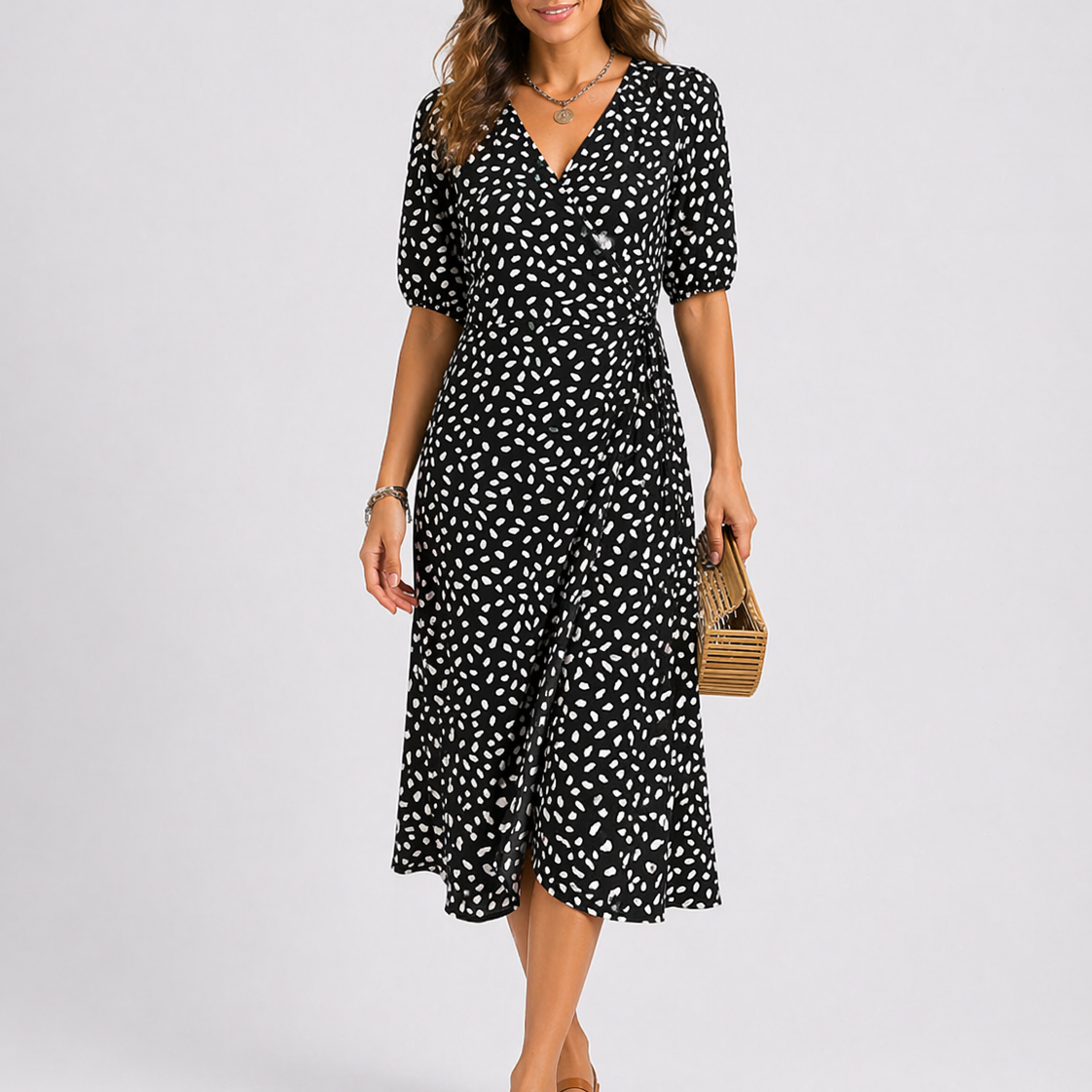Abstract Print Wrap Midi Dress