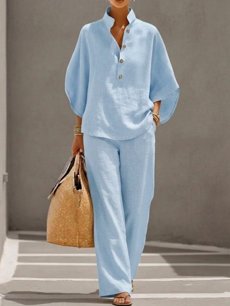 Women's two-piece set batwing sleeve top wide trousers