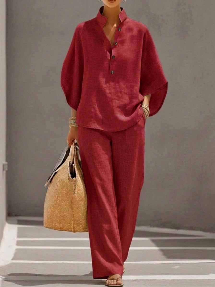 Women's two-piece set batwing sleeve top wide trousers
