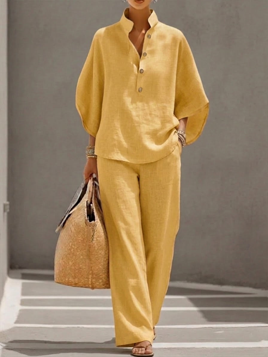 Women's two-piece set batwing sleeve top wide trousers