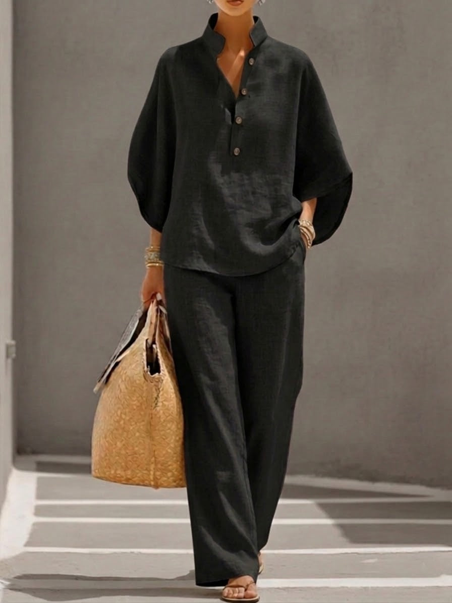 Women's two-piece set batwing sleeve top wide trousers