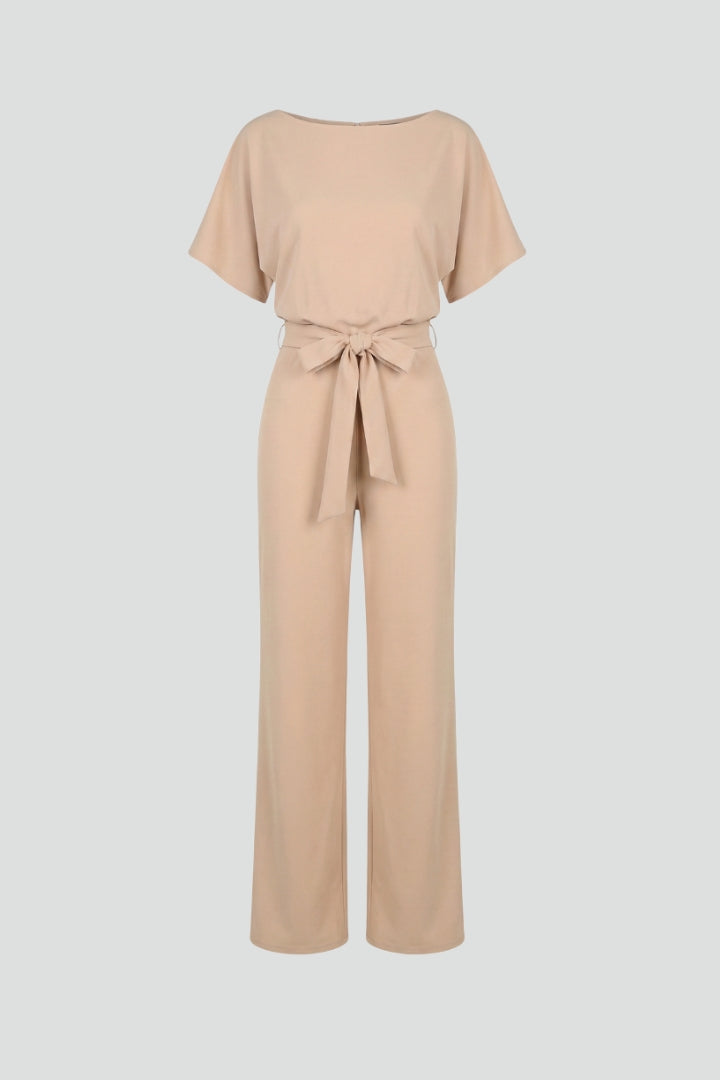 Women's jumpsuit - short sleeve wide leg full-length romper with belt