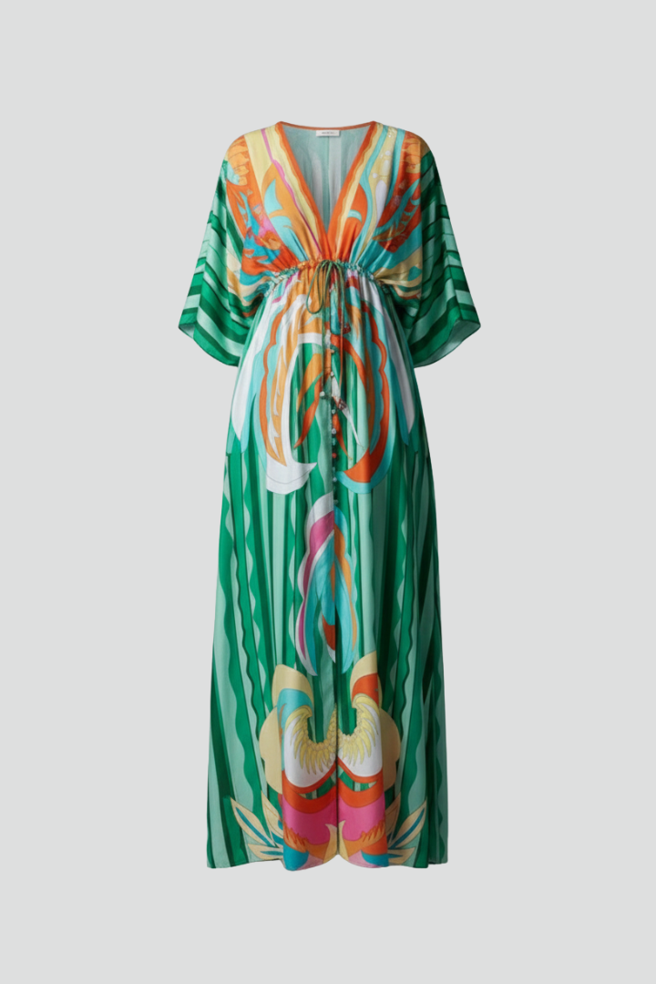 Women's maxi dress - printed three-quarter batwing sleeve dress with waist tie