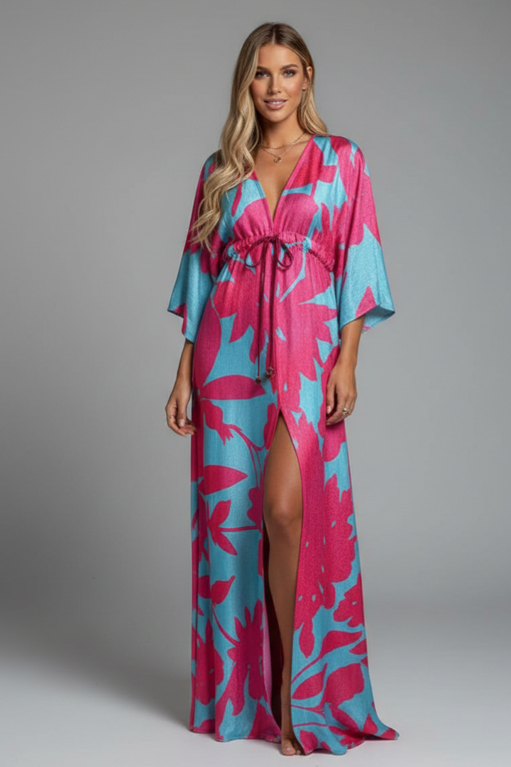 Women's maxi dress - printed three-quarter batwing sleeve dress with waist tie