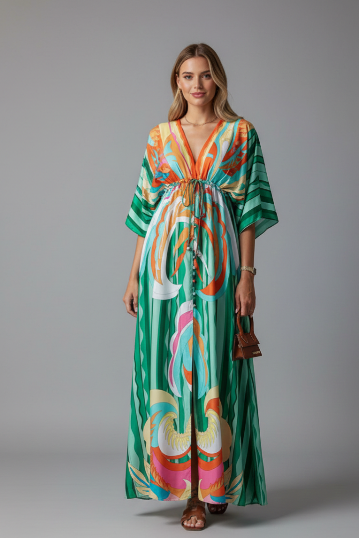 Women's maxi dress - printed three-quarter batwing sleeve dress with waist tie