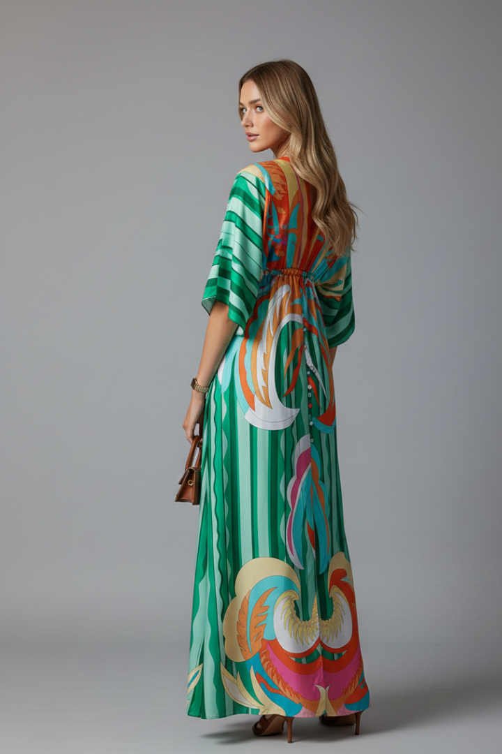 Women's maxi dress - printed three-quarter batwing sleeve dress with waist tie