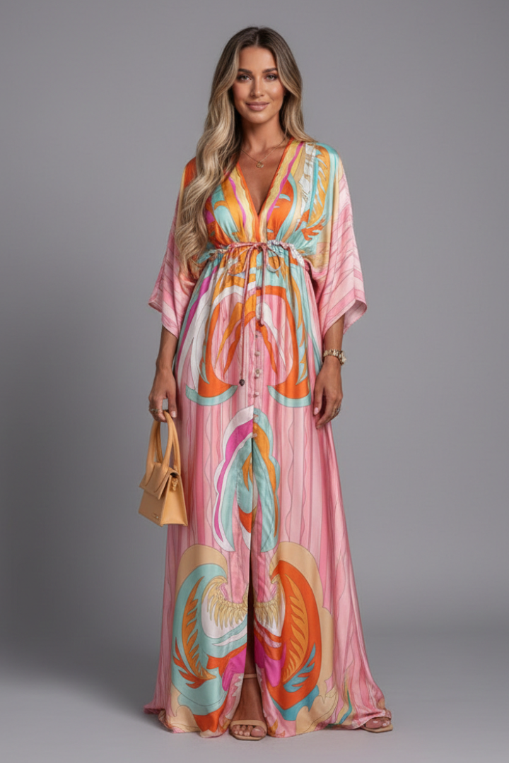 Women's maxi dress - printed three-quarter batwing sleeve dress with waist tie