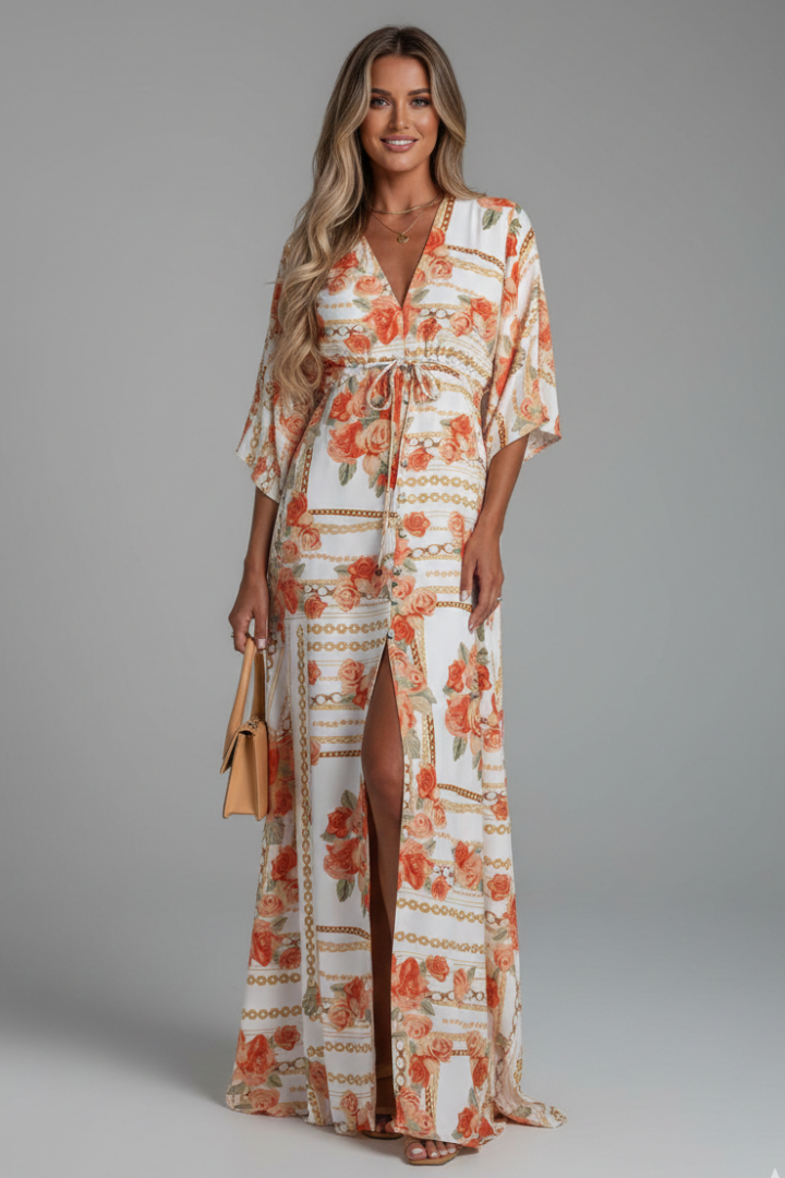 Women's maxi dress - printed three-quarter batwing sleeve dress with waist tie