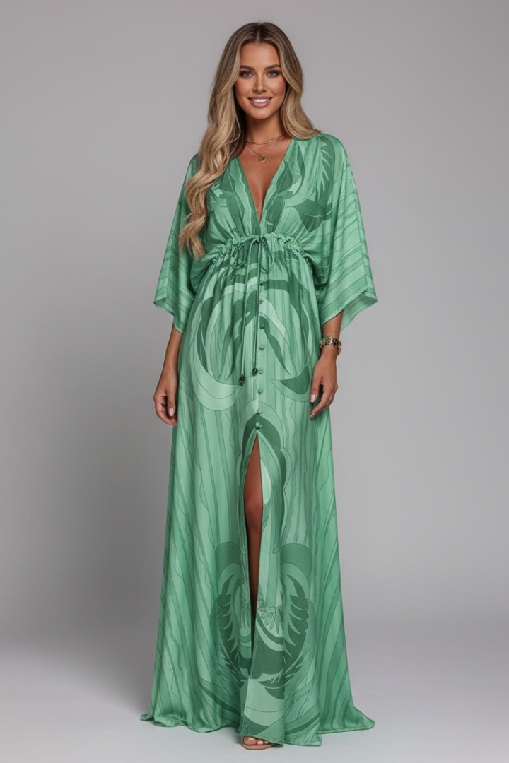 Women's maxi dress - printed three-quarter batwing sleeve dress with waist tie