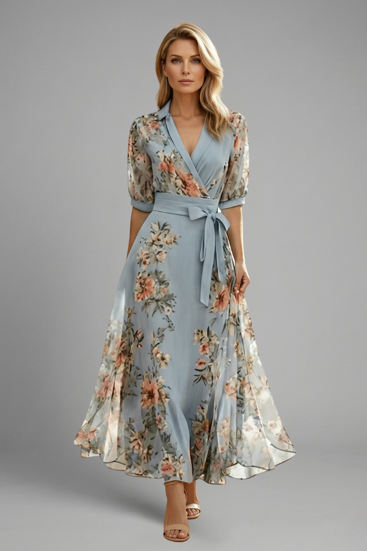 Women's midi dress - short sleeve v-neck patterned day dress for summer